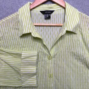 Ali Miles Womens 1X Lime Green White Striped Seersucker Button Up Shirt A25420BW
